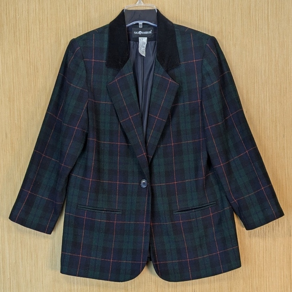 Sag Harbor Plaid Blazer Jacket Womens 12 Green Wool Blend Heritage Retro Vtg